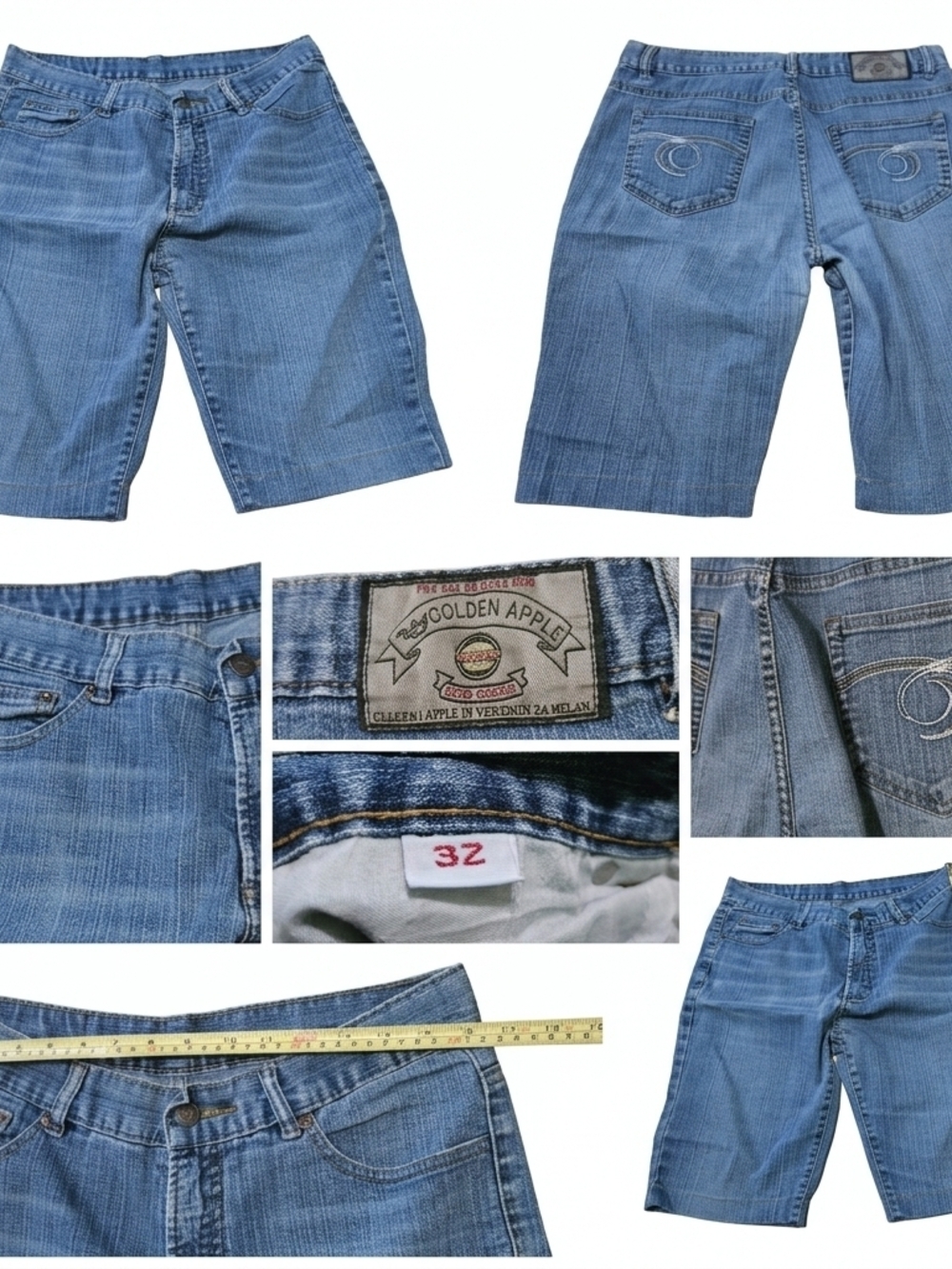 ​Golden Apple Men's Denim Shorts Size 32 Blue Jean Bermuda Carpenter Style Embro